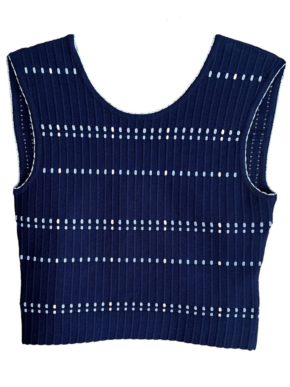 Sandro Paris Blue Knit Crop Top Tank with White/Light Blue Stripe Stitches Size